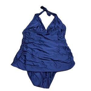 St. John Collection Navy Blue Halter One Piece Swimsuit Ruched Stretch Womens 12